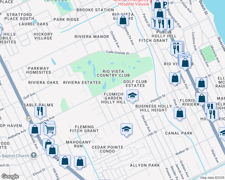 map of restaurants, bars, coffee shops, grocery stores, and more near 1730 Birmingham Avenue in Daytona Beach
