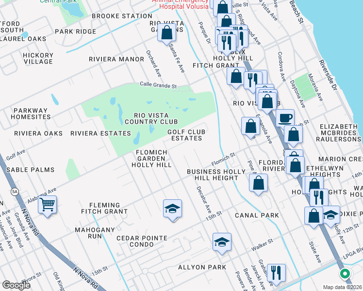 map of restaurants, bars, coffee shops, grocery stores, and more near 541 Peacock Road in Daytona Beach