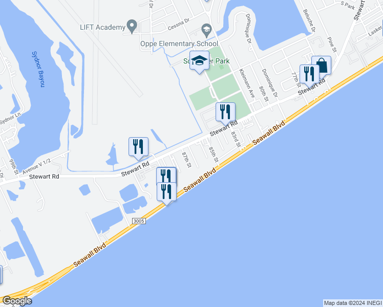 map of restaurants, bars, coffee shops, grocery stores, and more near 3525 Princeton Street in Galveston