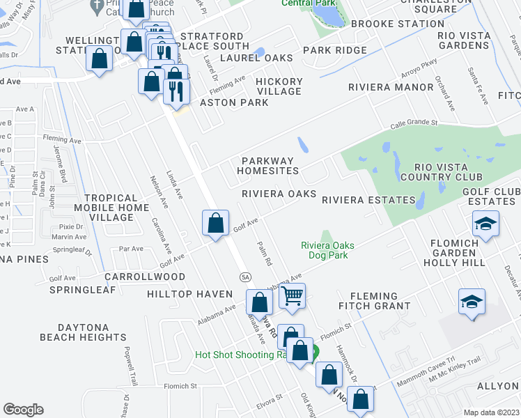 map of restaurants, bars, coffee shops, grocery stores, and more near 104 Camino Circle in Ormond Beach