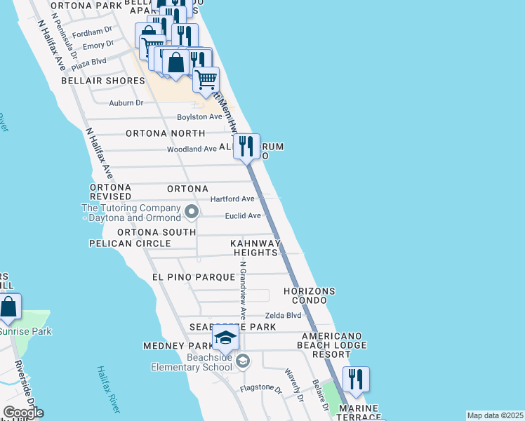 map of restaurants, bars, coffee shops, grocery stores, and more near 380 Euclid Avenue in Daytona Beach