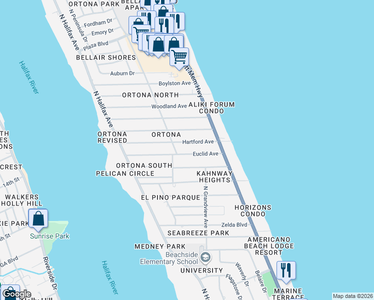 map of restaurants, bars, coffee shops, grocery stores, and more near 346 Euclid Avenue in Daytona Beach