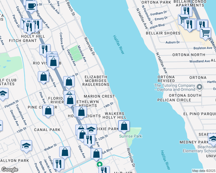 map of restaurants, bars, coffee shops, grocery stores, and more near 1510 Riverside Drive in Holly Hill