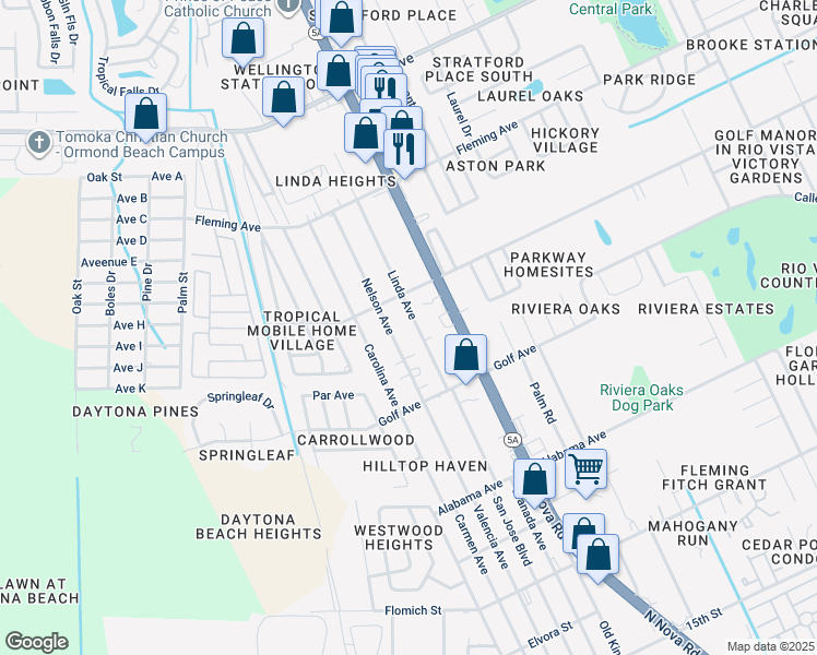 map of restaurants, bars, coffee shops, grocery stores, and more near 1840 Linda Avenue in Ormond Beach