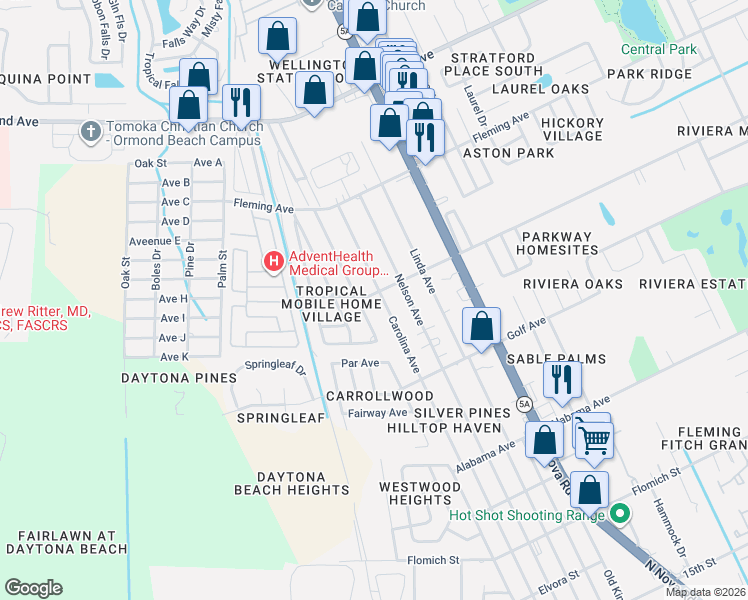 map of restaurants, bars, coffee shops, grocery stores, and more near 1890 Carolina Avenue in Ormond Beach