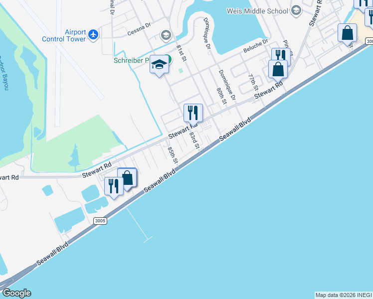 map of restaurants, bars, coffee shops, grocery stores, and more near 8402 Seawall Boulevard in Galveston