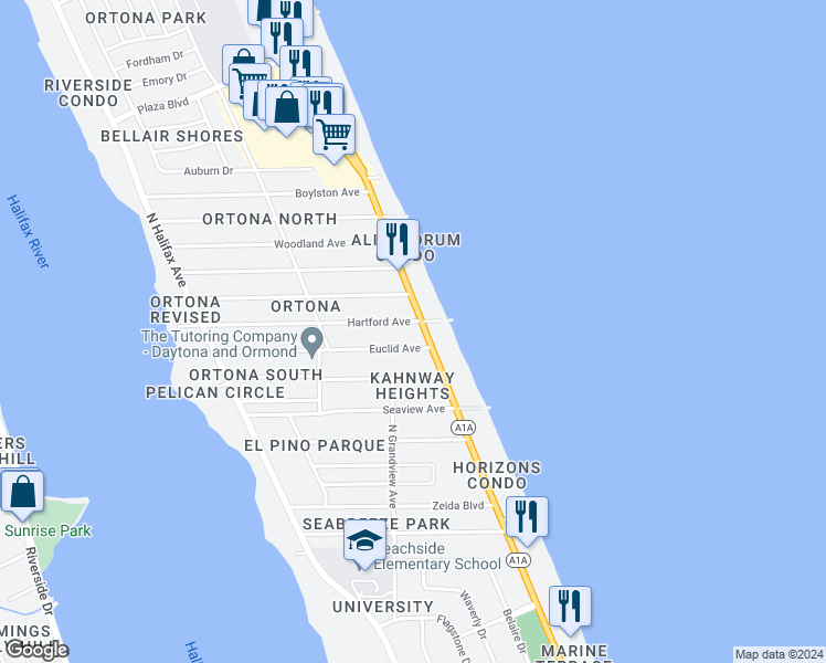 map of restaurants, bars, coffee shops, grocery stores, and more near 380 Euclid Avenue in Daytona Beach