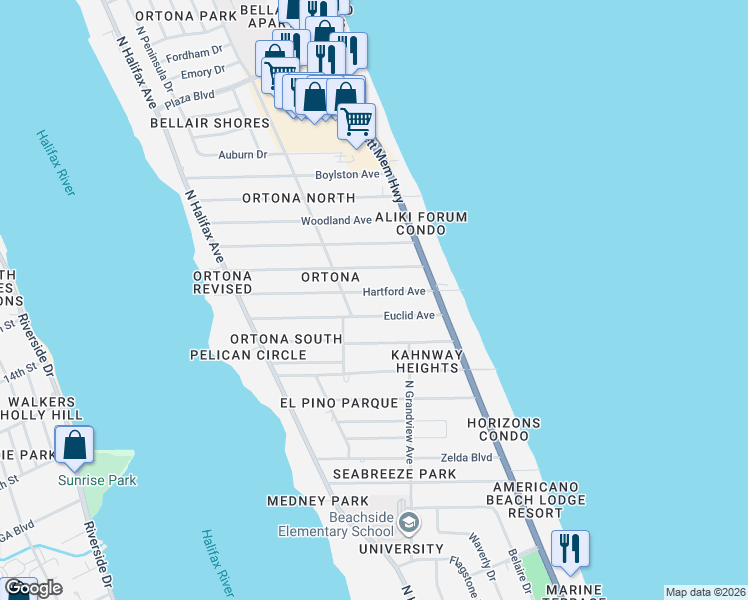 map of restaurants, bars, coffee shops, grocery stores, and more near 346 Euclid Avenue in Daytona Beach
