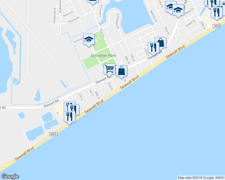 map of restaurants, bars, coffee shops, grocery stores, and more near 3700 83rd Street in Galveston