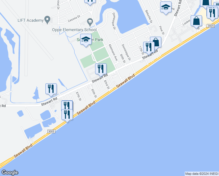 map of restaurants, bars, coffee shops, grocery stores, and more near 8100 Seawall Boulevard in Galveston