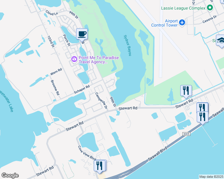 map of restaurants, bars, coffee shops, grocery stores, and more near 2903 Contoy Court in Galveston