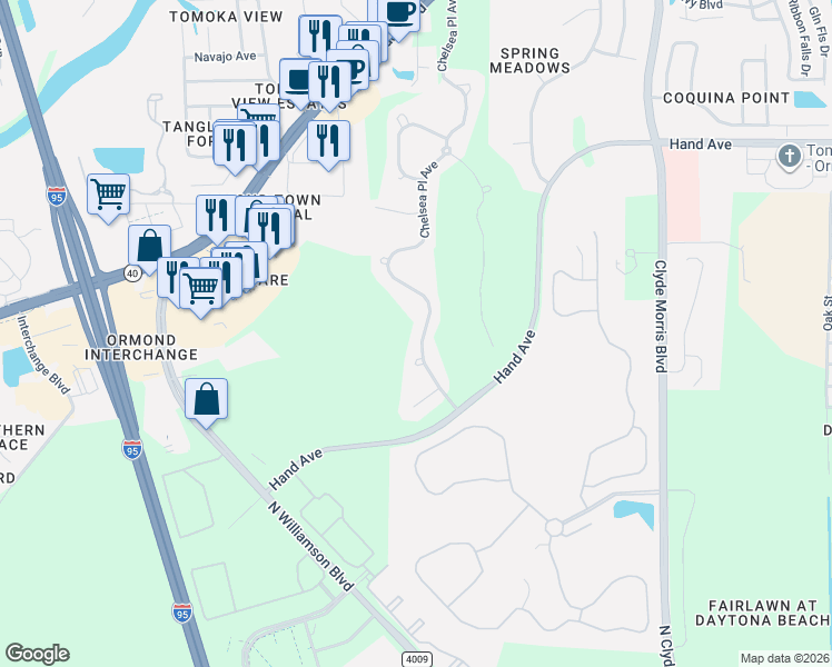 map of restaurants, bars, coffee shops, grocery stores, and more near 440 Chelsea Place Avenue in Ormond Beach