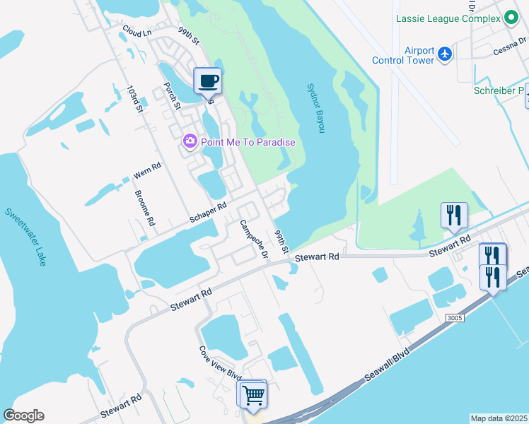 map of restaurants, bars, coffee shops, grocery stores, and more near 54 Campeche Circle in Galveston