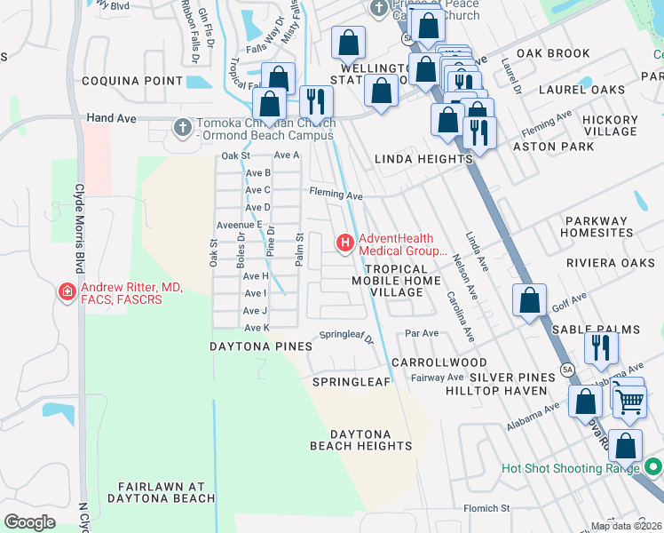 map of restaurants, bars, coffee shops, grocery stores, and more near 1912 Sunny Palm Drive in Ormond Beach