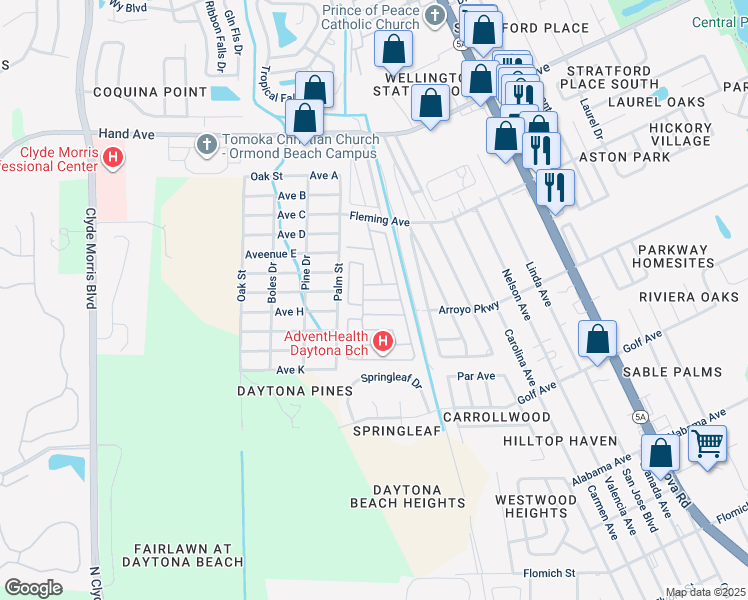 map of restaurants, bars, coffee shops, grocery stores, and more near 1912 Sunny Palm Drive in Ormond Beach