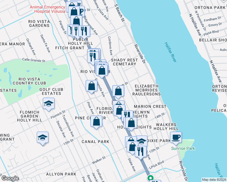 map of restaurants, bars, coffee shops, grocery stores, and more near 1543 Ridgewood Avenue in Daytona Beach