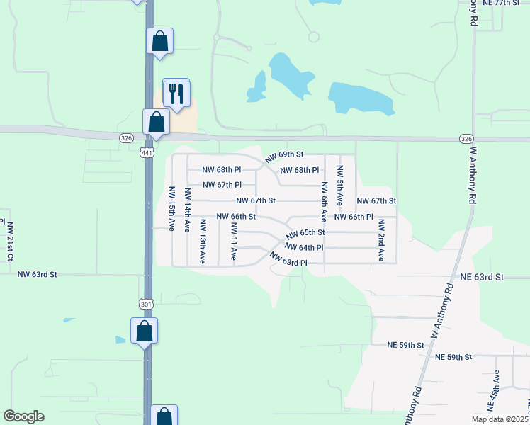 map of restaurants, bars, coffee shops, grocery stores, and more near 965 Northwest 66th Street in Ocala