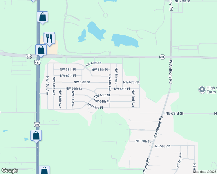 map of restaurants, bars, coffee shops, grocery stores, and more near 6701 Northwest 6th Avenue in Ocala
