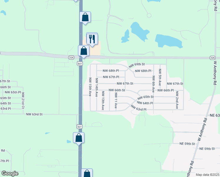 map of restaurants, bars, coffee shops, grocery stores, and more near 1140 Northwest 67th Street in Ocala