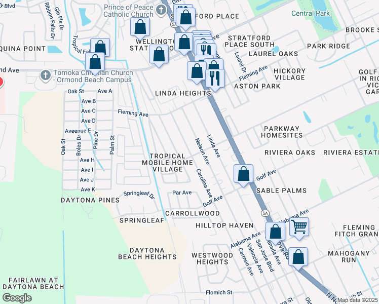 map of restaurants, bars, coffee shops, grocery stores, and more near 1903 Carolina Avenue in Ormond Beach