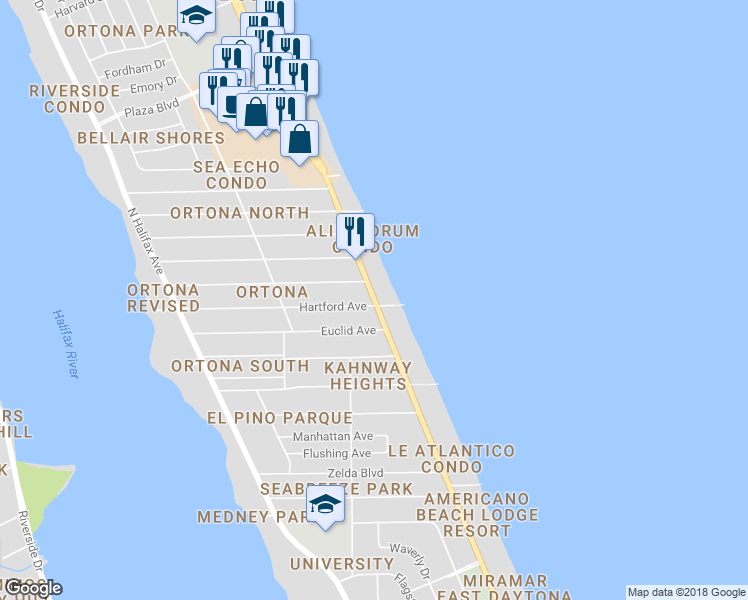 map of restaurants, bars, coffee shops, grocery stores, and more near 1925 North Atlantic Avenue in Daytona Beach