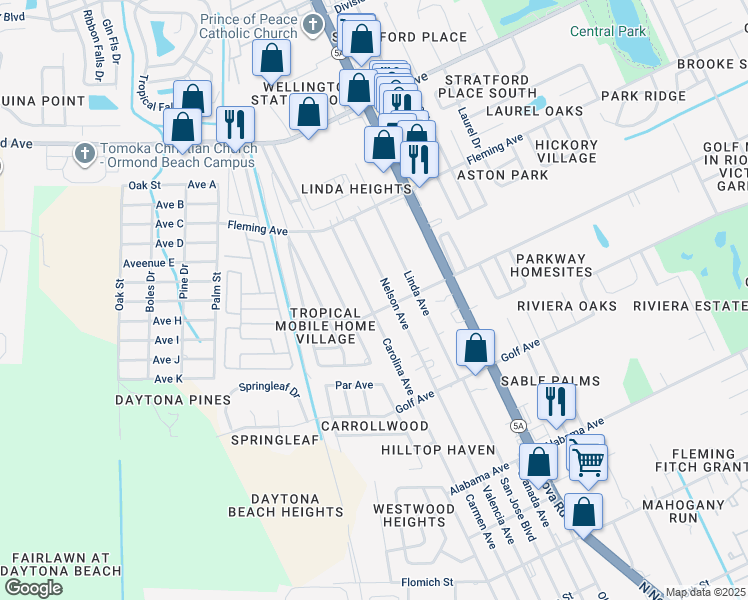 map of restaurants, bars, coffee shops, grocery stores, and more near 1903 Carolina Avenue in Ormond Beach