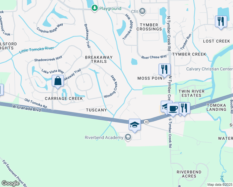 map of restaurants, bars, coffee shops, grocery stores, and more near 1 Creek View Way in Ormond Beach