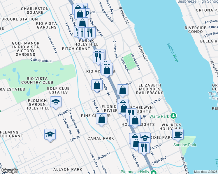 map of restaurants, bars, coffee shops, grocery stores, and more near 1630 Ridgewood Avenue in Daytona Beach