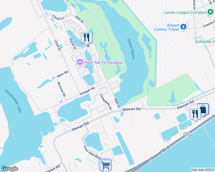 map of restaurants, bars, coffee shops, grocery stores, and more near 54 Campeche Circle in Galveston