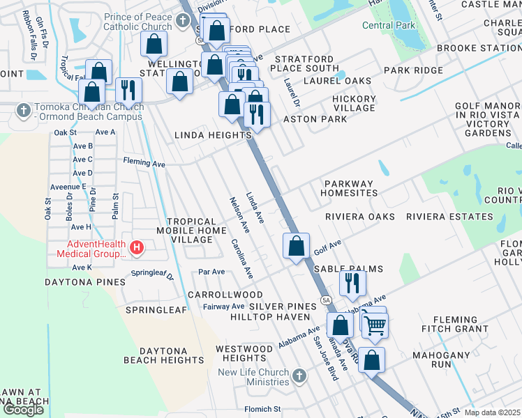 map of restaurants, bars, coffee shops, grocery stores, and more near 1203 Arroyo Parkway in Ormond Beach