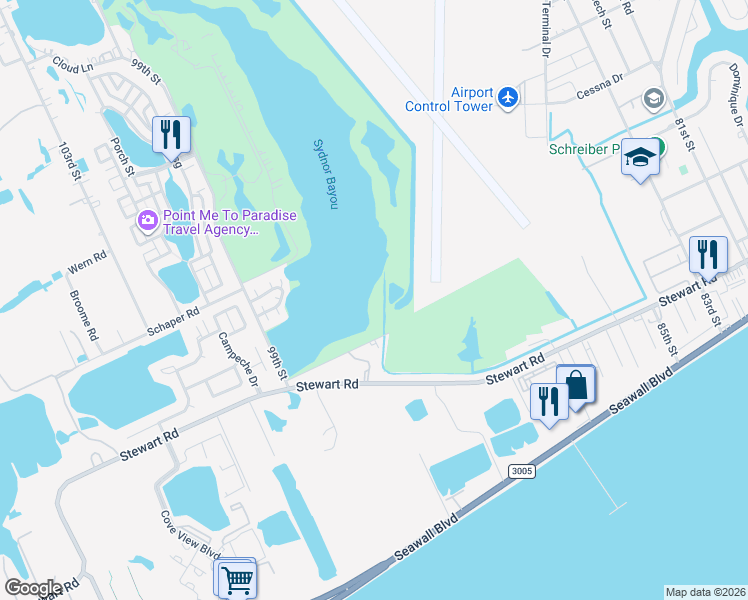 map of restaurants, bars, coffee shops, grocery stores, and more near 9519 Avenue V 1/2 in Galveston