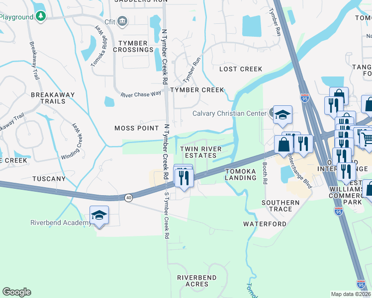 map of restaurants, bars, coffee shops, grocery stores, and more near 18 Twin River Drive in Ormond Beach