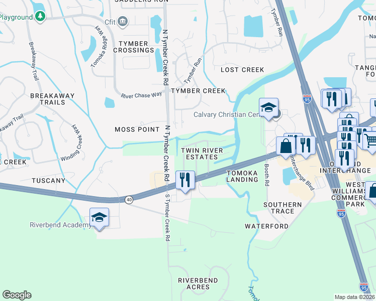 map of restaurants, bars, coffee shops, grocery stores, and more near 18 Twin River Drive in Ormond Beach