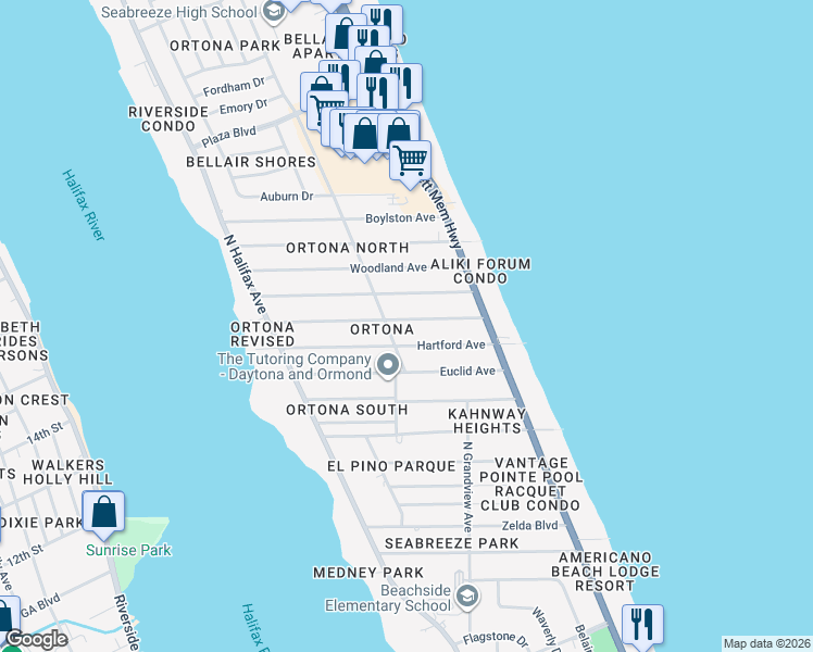 map of restaurants, bars, coffee shops, grocery stores, and more near 318 Brookline Avenue in Daytona Beach