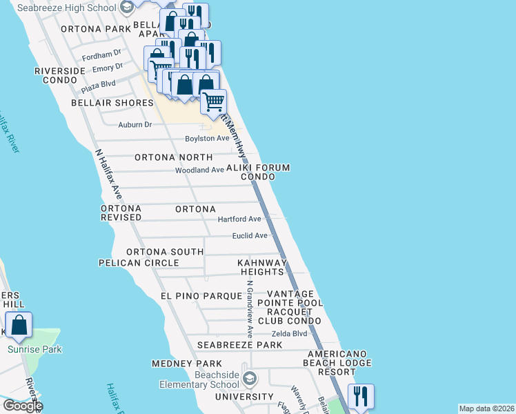 map of restaurants, bars, coffee shops, grocery stores, and more near 1915 North Atlantic Avenue in Daytona Beach