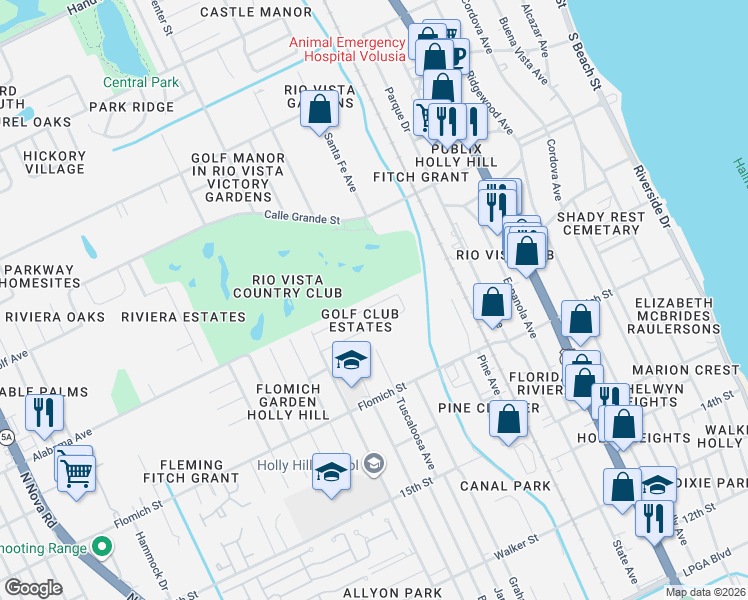 map of restaurants, bars, coffee shops, grocery stores, and more near 511 Eagle Drive in Daytona Beach