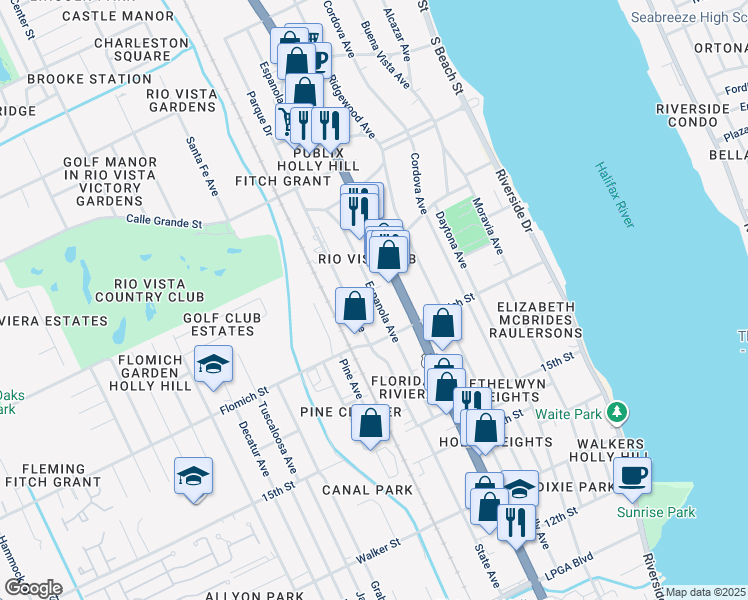 map of restaurants, bars, coffee shops, grocery stores, and more near 1630 Ridgewood Avenue in Daytona Beach
