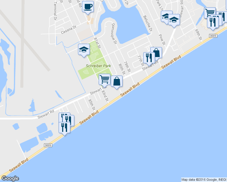 map of restaurants, bars, coffee shops, grocery stores, and more near 8100 Seawall Boulevard in Galveston