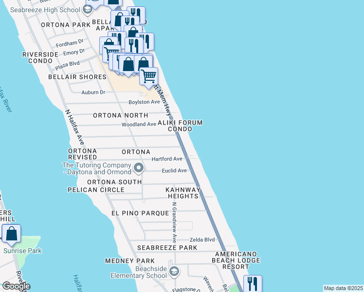 map of restaurants, bars, coffee shops, grocery stores, and more near 2001 North Atlantic Avenue in Daytona Beach