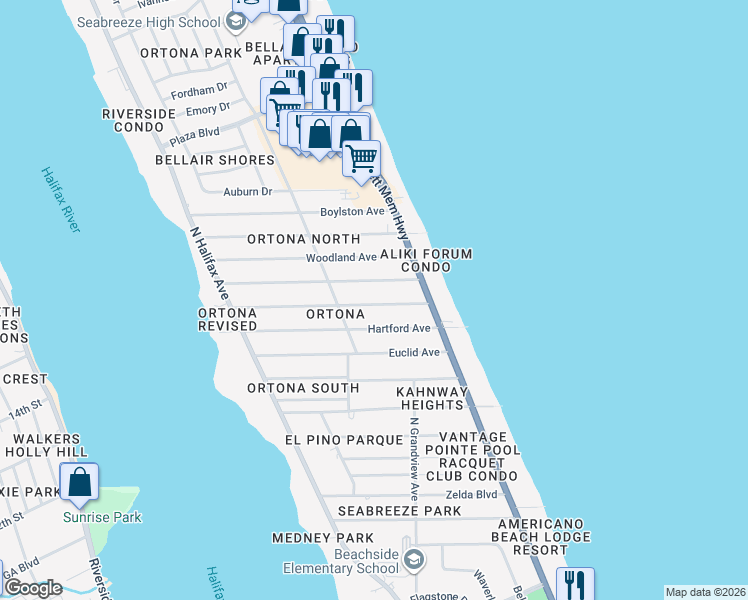 map of restaurants, bars, coffee shops, grocery stores, and more near 318 Brookline Avenue in Daytona Beach