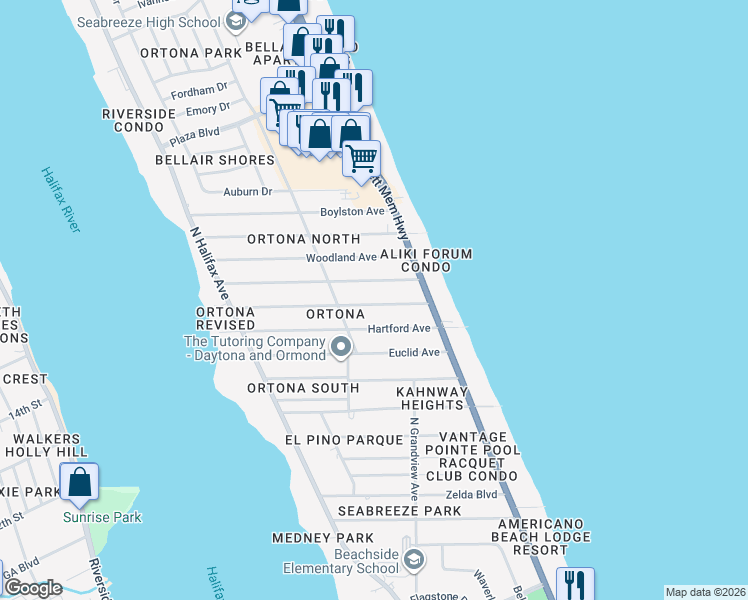 map of restaurants, bars, coffee shops, grocery stores, and more near 318 Brookline Avenue in Daytona Beach