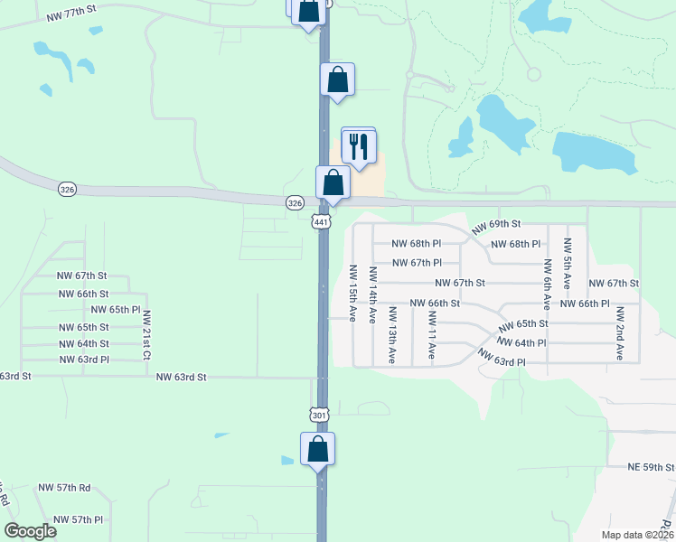 map of restaurants, bars, coffee shops, grocery stores, and more near 6641 North US Highway 441 in Ocala