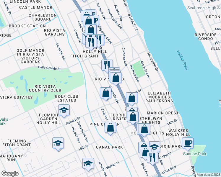 map of restaurants, bars, coffee shops, grocery stores, and more near 1620 Espanola Avenue in Holly Hill