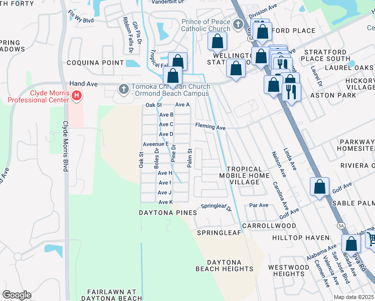 map of restaurants, bars, coffee shops, grocery stores, and more near 1204 Avenue E in Ormond Beach