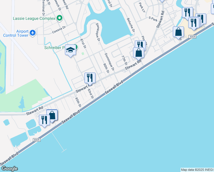 map of restaurants, bars, coffee shops, grocery stores, and more near 8008 Seawall Boulevard in Galveston