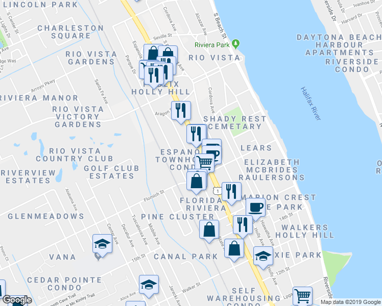 map of restaurants, bars, coffee shops, grocery stores, and more near 1680 Ridgewood Avenue in Daytona Beach