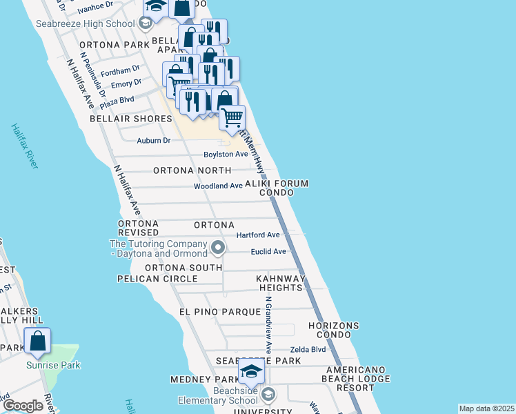 map of restaurants, bars, coffee shops, grocery stores, and more near 369 Morningside Avenue in Daytona Beach