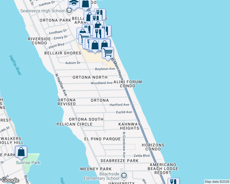 map of restaurants, bars, coffee shops, grocery stores, and more near 360 Morningside Avenue in Daytona Beach