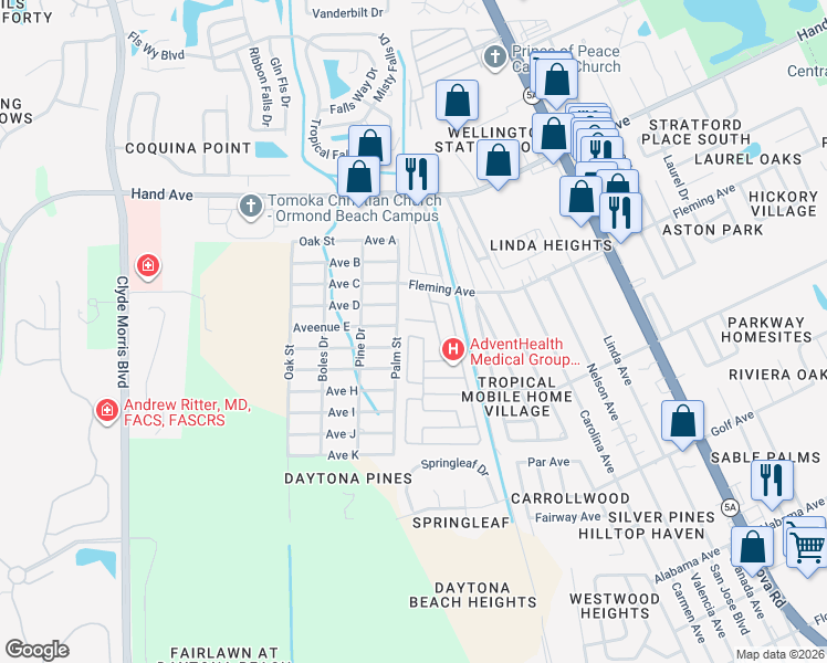 map of restaurants, bars, coffee shops, grocery stores, and more near 1335 Fleming Avenue in Ormond Beach