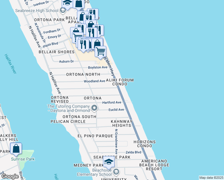 map of restaurants, bars, coffee shops, grocery stores, and more near 369 Morningside Avenue in Daytona Beach